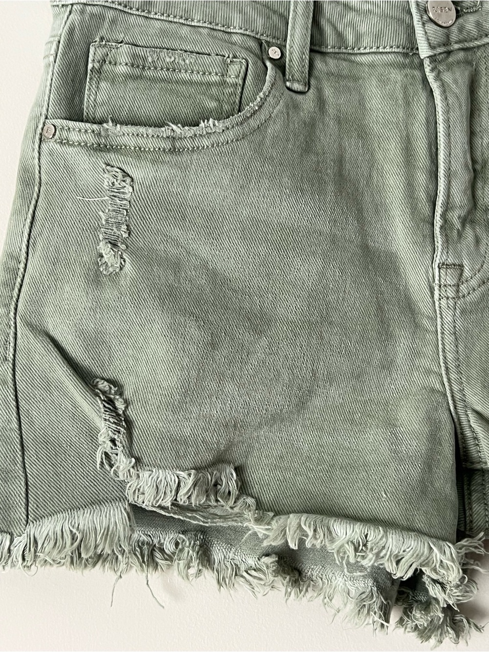 RISEN Olive Green Distressed Denim Shorts - Picture 4 of 11